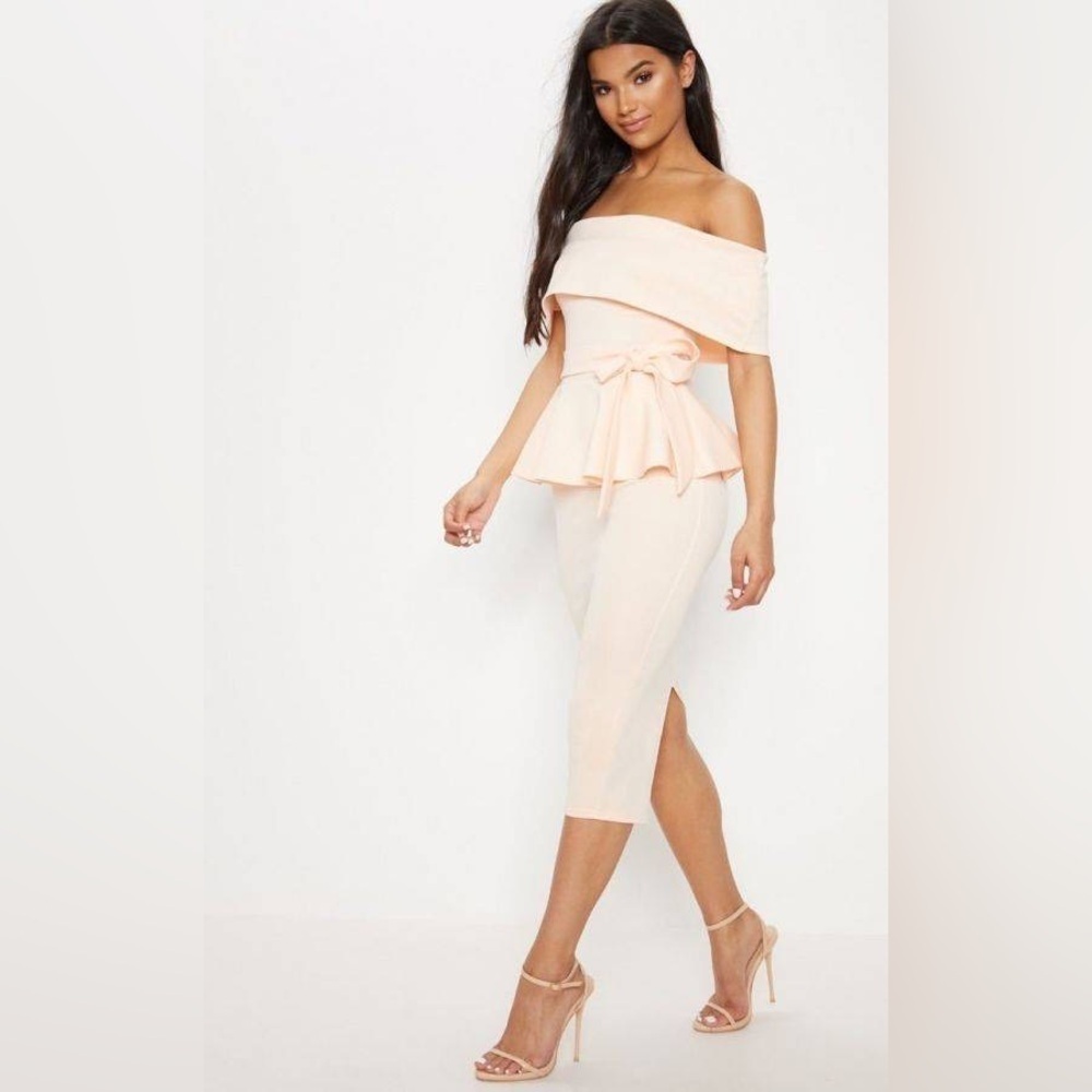Light Pink Bardot Peplum Midi Dress by PrettyLittleThing - Size 4 NWT